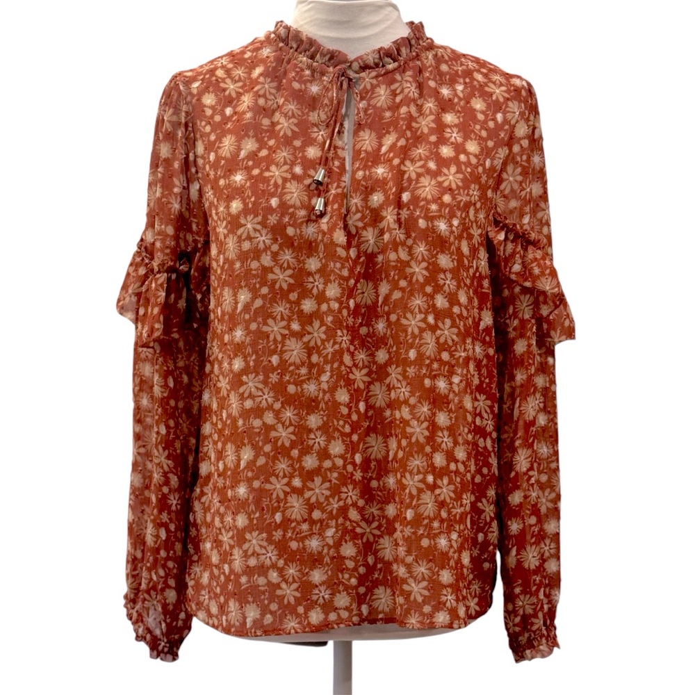 Dex floral ruffled lightweight tie front blouse with long sleeves. Size M